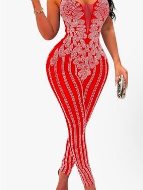 Red Embellished Sleeveless Bodycon Jumpsuit